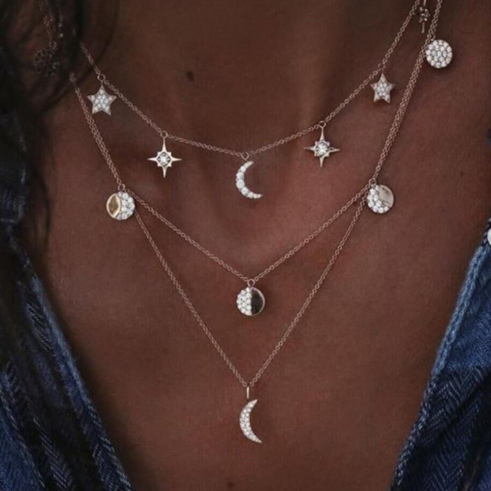 New Moon Crystal Star Necklace. Silver Color